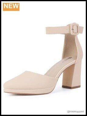 Chunky Block Platform Heels Closed Toe Ankle Strap Pumps